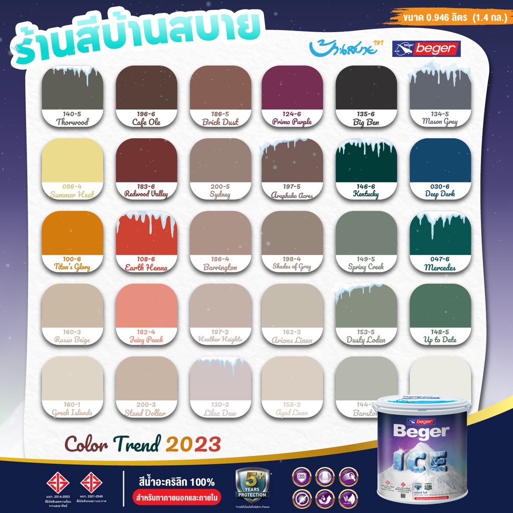 Beger เฉดสี 2023 กึ่งเงา ขนาด 1 ลิตร Beger ICE สีทาภายนอกและใน เช็ดล้างได้ กันร้อนเยี่ยม เบเยอร์ ไอซ์