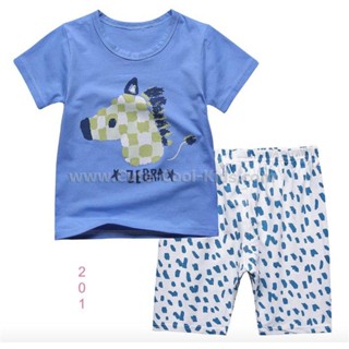 S-PJB-201-snb ชุดเด็กเสื้อ กางเกงแขนสั้นขาสั้น สีน้ำเงิน ไดโน