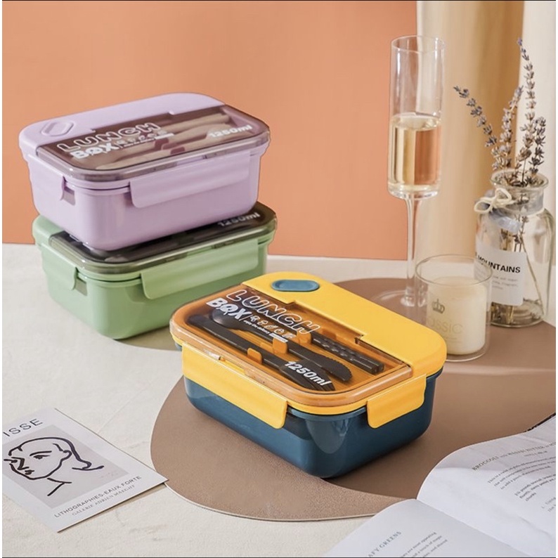 02 LUNCH BOX SET LUNCH BOX 1250ML BENTO BOX ฟรี SPOON FORK CHOPSTICKS LUNCH BOX