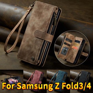 เคสหนัง ฝาพับแม่เหล็ก พร้อมช่องใส่บัตร มีซิป สําหรับ Samsung Galaxy Z Fold 3 Fold 4 Z Fold3 Fold4