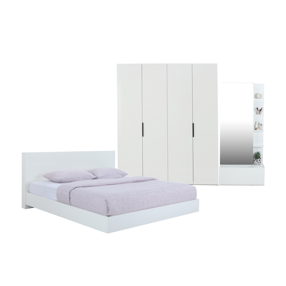 INDEX LIVING MALL ชุดห้องนอน รุ่นแมสซิโม่+แมกซี่ ขนาด 6 ฟุต (เตียงนอน(พื้นเตียงซี่)+ตู้เสื้อผ้า 4 บาน+โต๊ะเครื่องแป้ง) - สีขาว