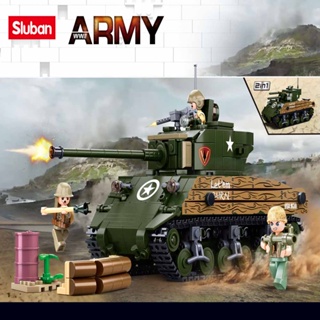 SLUBAN ของเล่นบล็อกตัวต่อรถถัง World War 2 B1110 M4A3(76W) 715 ชิ้น