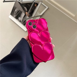 เคสโทรศัพท์มือถือ ซิลิโคน ชุบไฟฟ้า ลายหัวใจ 3D สีชมพูนีออน หรูหรา สําหรับ iPhone14 13 12 11 Pro Max
