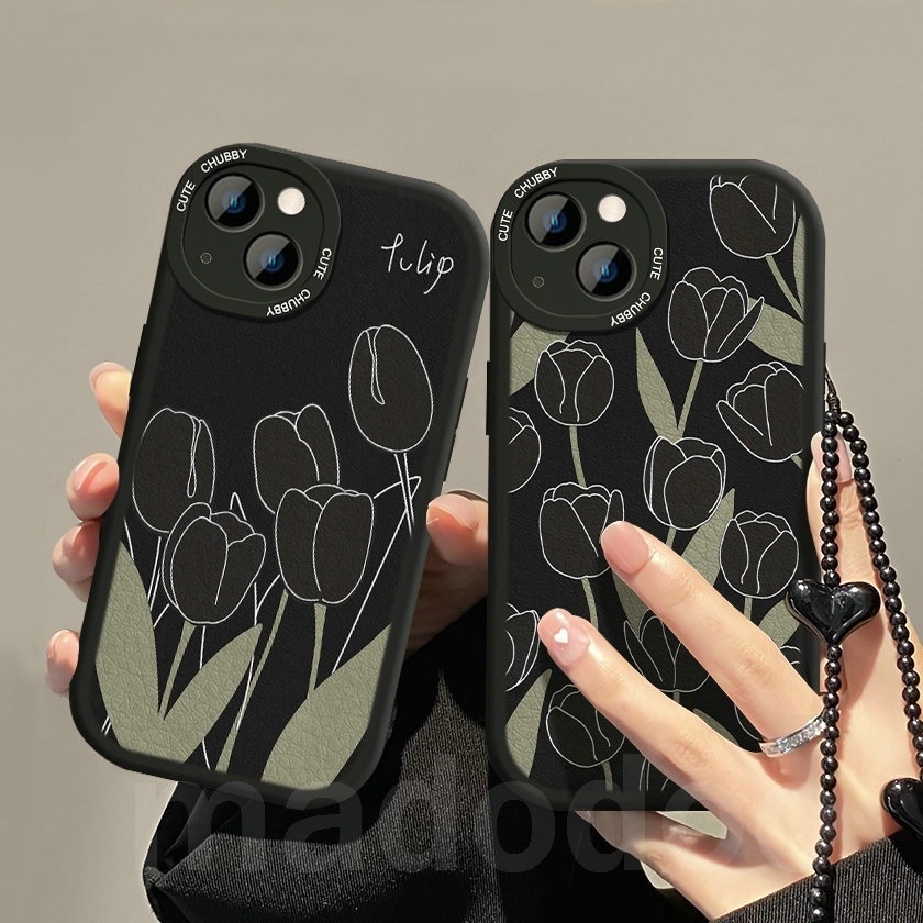 Soft Casing For iPhone 16 15 14 13 12 Mini 11 Pro Xs max 6 6S 7 8 Plus X XR 11promax 12promax 13promax 6+ 7+ 8+ with Love Lanyard ins Black Tulip Flowers Oval Edge Airbag Shockproof Lens Protection Phone Case XPN 31