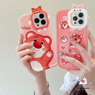 เคสโทรศัพท์มือถือแบบนิ่ม ลายการ์ตูนหมี สตรอเบอร์รี่ โบว์ 3D น่ารัก สําหรับ iPhone 11 14 13 12 Pro Max 8 7 6s 6 Plus XR XS Max 14 Plus X SE 2020