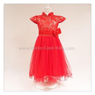 Dress-760 ชุดกระโปรงเด็กหญิง สีแดงแบบคอจีน Size-110 (4-5Y)