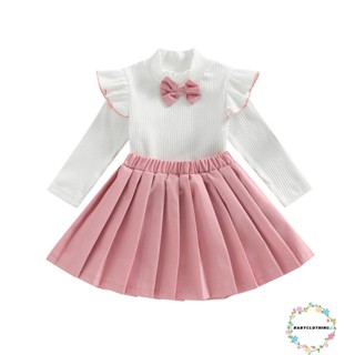 Babyclothes- ชุดเสื้อแขนยาว คอจับจีบ และกระโปรงพลีท สําหรับเด็กผู้หญิง 2 ชิ้น