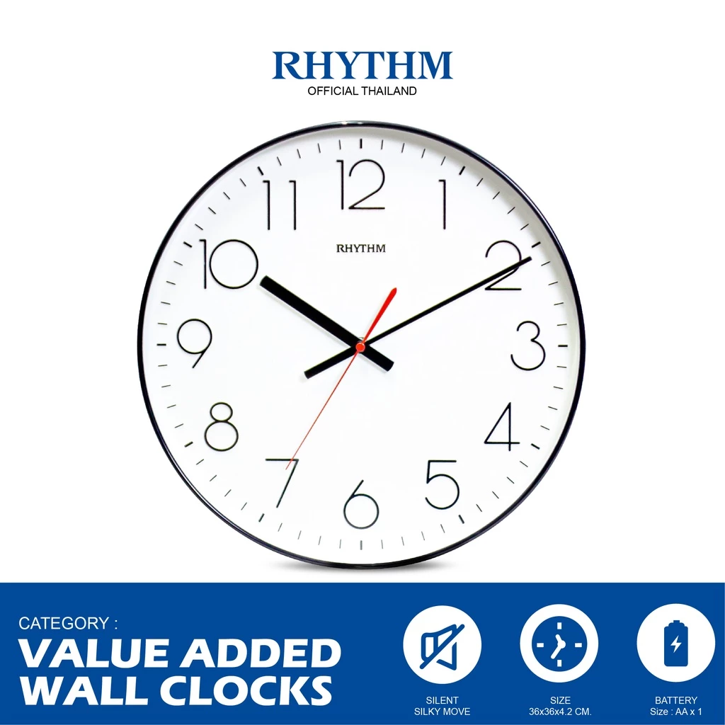 นาฬิกาแขวน RHYTHM นาฬิกามินิมอล นาฬิกาแต่งบ้าน ขอบสีดำ เข็มเดินเรียบ 36 ซม.