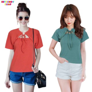 เสื้อยืดแฟชั่นคอจีนผูกโบว์ ผู้หญิง Size: S - L ผลิตจากผ้าร่องยืด เนื้อดีผ้ายืดได้เยอะ