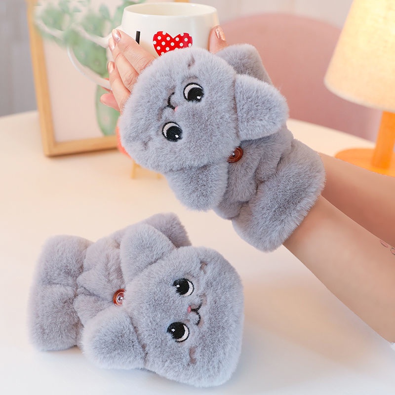 ถุงมือขับรถ แบบครึ่งนิ้ว ผ้ากํามะหยี่ขนนิ่ม แบบหนา ให้ความอบอุ่น แต่งขนกระต่ายน่ารัก แฟชั่นฤดูหนาว สําหรับผู้หญิง