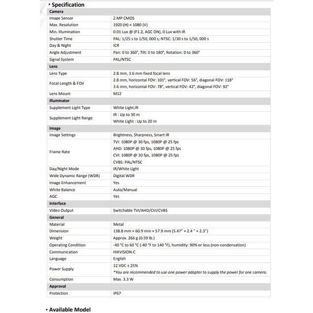 HIKVISION กล้องวงจรปิด  Smart Hybrid Light 2MP รุ่น DS-2CE16D0T-LFS 2.8mm หรือ 3.6mm (1ตัว)