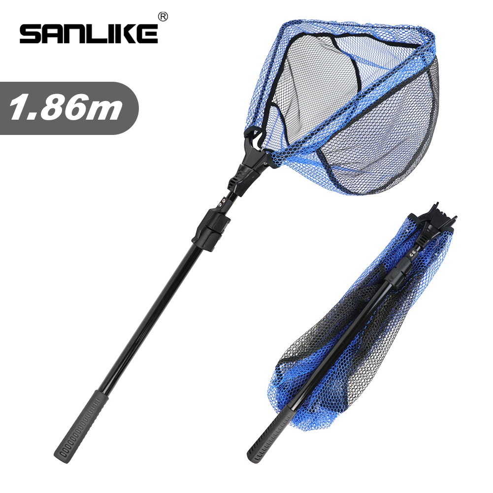 Sanlike ตกปลาสุทธิพับ Landing สุทธิพร้อม Fibergalss Telescopic Pole และจับยางเคลือบตาข่ายสุทธิสําหรับตกปลาน้ําจืดน้ําเค็ม