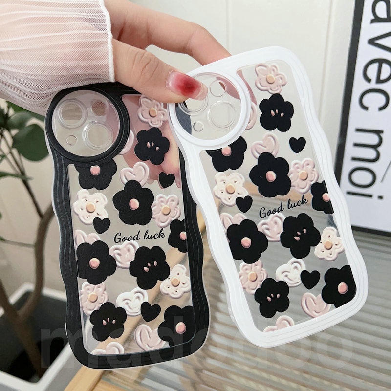 Casing For Samsung Galaxy A05 A05S A15 S24 S23 Plus Ultra FE S22 S21 S20 S23+ S22+ S21+ 5G S20+ A02 A02S A03S A11 A50 A50S A30S A20S A72 4G A20 A30 M11 M02 Super cute Good luck floral wave edge fine hole box black and white color matching BFF Case STB 17