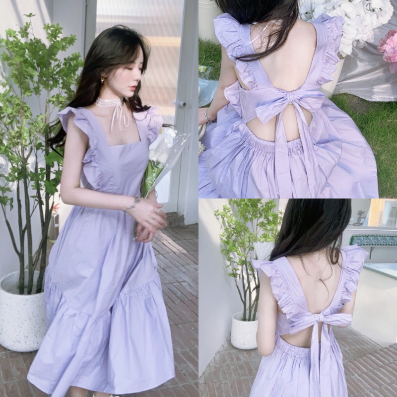 เดรสเปิดหลังสีม่วง ชุดกระโปรงแขนบิน เดรสฝรั่งเศสคอเหลี่ยม ชุดยาวของผู้หญิง