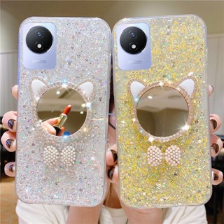 พร้อมส่ง เคสโทรศัพท์ซิลิโคน TPU แบบนิ่ม ลายหูแมว มีกระจกแต่งหน้า สําหรับ VIVO Y02 Y02s Y16 Y22 Y22S Y35 2022 V25 Pro 5G V25E 4G