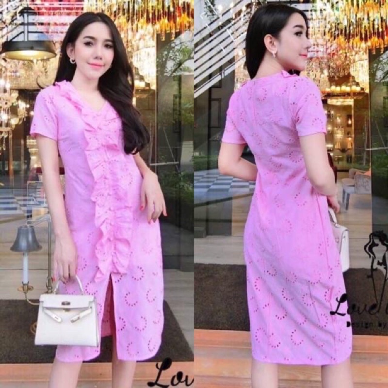 เดรสงานป้าย Love Lady ผ้าฉลุแต่งระบาย สีชมพู