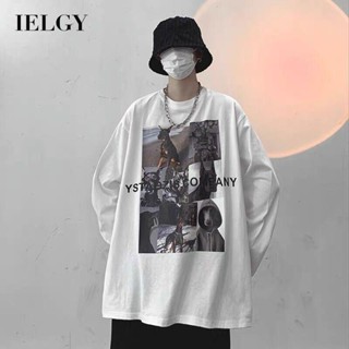 Ielgy เสื้อยืดคอกลม แขนยาว ทรงหลวม สไตล์สตรีท สําหรับผู้ชาย