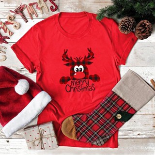 T-Christmas Deer Print T Shirt Women Cotton Cartoon Tshirt Short Sleeve T-shirt Tops Tee