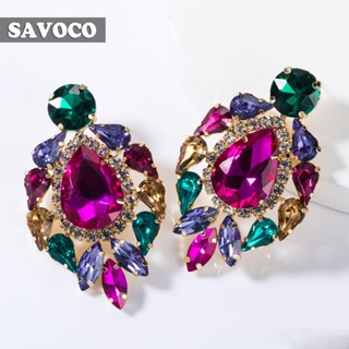 Savoco ต่างหูสตั๊ด โลหะผสม ทรงเรขาคณิต หลายชั้น ประดับพลอยเทียม หลากสี เครื่องประดับแฟชั่น สําหรับผู้หญิง SE046