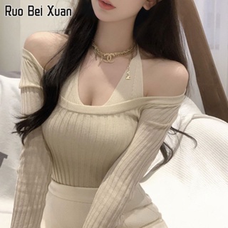 RUO BEI XUAN เสื้อสเวตเตอร์ผู้หญิงสไตล์เกาหลีเซ็กซี่คอวีแขนยาวถัก