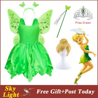 Tinker Bell PeterPan ชุดคอสเพลย์ ชุดเดรสตาข่าย ปักเลื่อม พร้อมปีก มงกุฎ วิก ฮาโลวีน สําหรับเด็กผู้หญิง ของขวัญวันเกิด