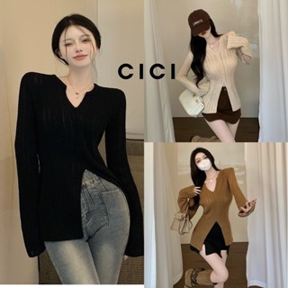 Cici(NO.3276)เสื้อแขนยาวคอวี แต่งผ่ากลางสีเบสิคทรงสวยeveryday look