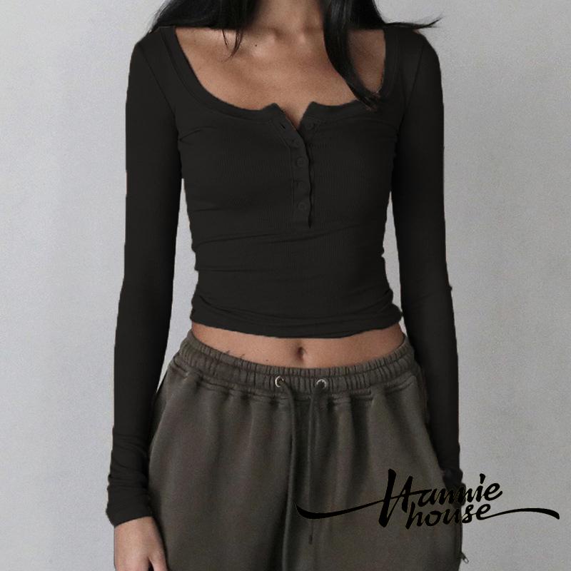 Hannie- เสื้อครอปท็อปแขนยาวลําลอง ผ้าถัก 1/2 กระดุม สีพื้น สไตล์เรโทร สําหรับผู้หญิง