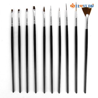 [DS] 10Pcs Set Nail Art Brush / UV Gel Drawing Nail Liner Pen / Fan Design Acrylic Builder Flat Dotting Stripe Flower Painting Pen / Nail Art Manicure Tools