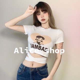 Alice  เสื้อยืด เสื้อครอปหญิง คอกลม รัดรูป แขนสั้น  Trendy สวย Chic High quality A29J03S 36Z230909