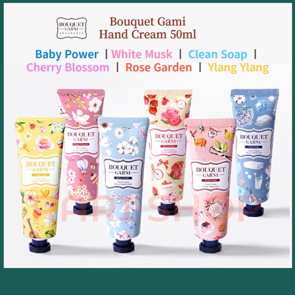 [BOUQUET Garni] แฮนด์ครีม ขนาด 50 มล. (6 สไตล์) สบู่ทําความสะอาดผิวหน้า กลิ่นดอกซากุระ สีขาว สําหรับเด็ก