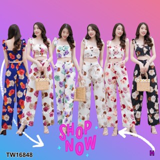 TwinsShopVip💗พร้อมส่ง TW16848 Set 2 ชิ้น เสื้อกระดุมหน้า แขนระบาย+กางเกง ลายดอก..Set 2 pieces. Shirt with fron