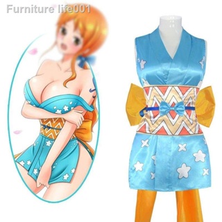 พร้อมส่ง☫ﺴอะนิเมะ One Piece Nami cos เสื้อผ้าฮาโลวีน Nami เซ็กซี่ซาตินพิมพ์สั้นกิโมโนคอสเพลย์