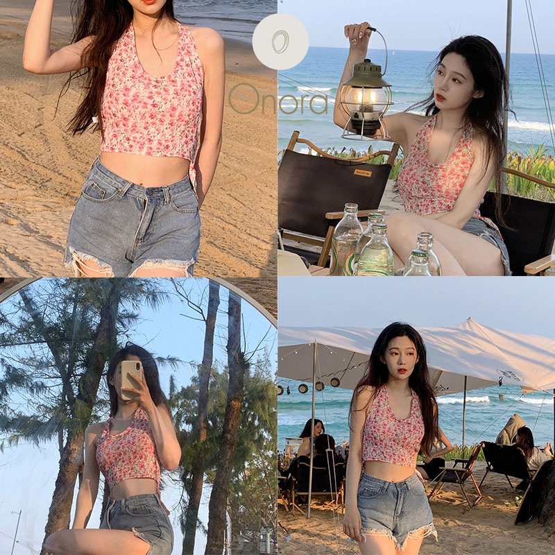 เสื้อสายเดี่ยวคล้องคอโชว์หลัง เสื้อสายเดี่ยวคอกลมลายดอกไม้ ผ้านุ่มใส่สบาย