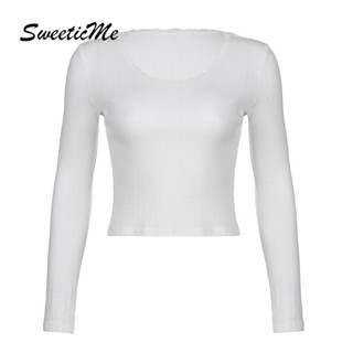 Sweeticme ใหม่ เสื้อยืดลําลอง แขนยาว ผ้าถัก สีพื้น แฟชั่นสําหรับสตรี 2022