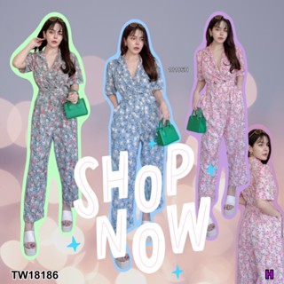 TW18186 Jumpsuit จั้มสูทคอปก ขายาว พิมพ์ลาย + สายผูก