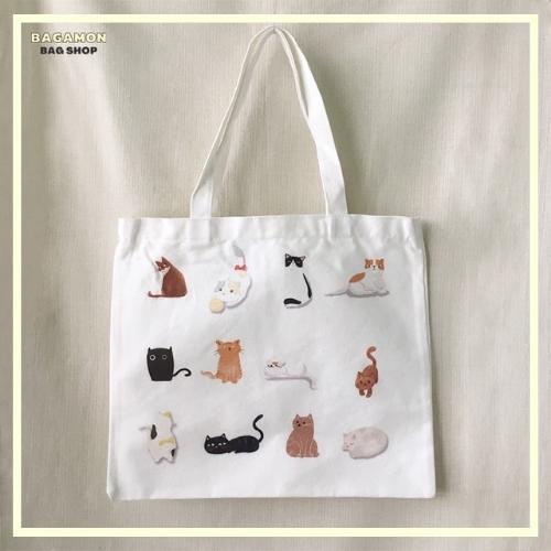 พร้อมส่ง กระเป๋าผ้าใบใหญ่ ผ้าแคนวาส เนื้อหนา ลายแมว ขนาด 37 x 32 ซม.