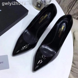 ♠๑[Spot] New European and American women s fashion Saint Laurent European and American shallow pointed black leather let