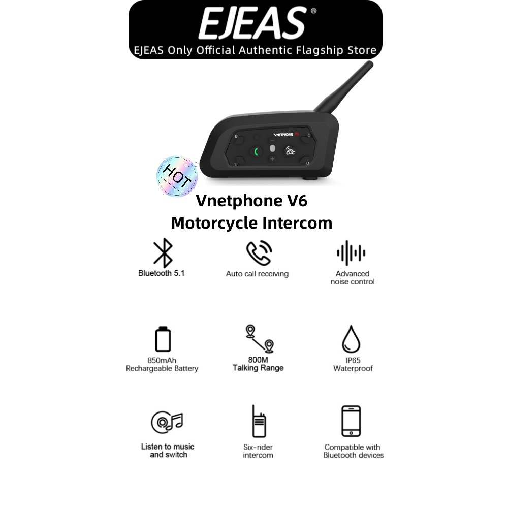 EJEAS Vnetphone V6 ชุดหูฟังบลูทูธ 5.1 กันน้ํา IP65 สําหรับหมวกกันน็อครถจักรยานยนต์ Shoei AGV KYT Yam