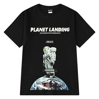 (3733) เสื้อยืดสีดำ ลาย PLANET LANDING ผ้าคอตตอน 100%