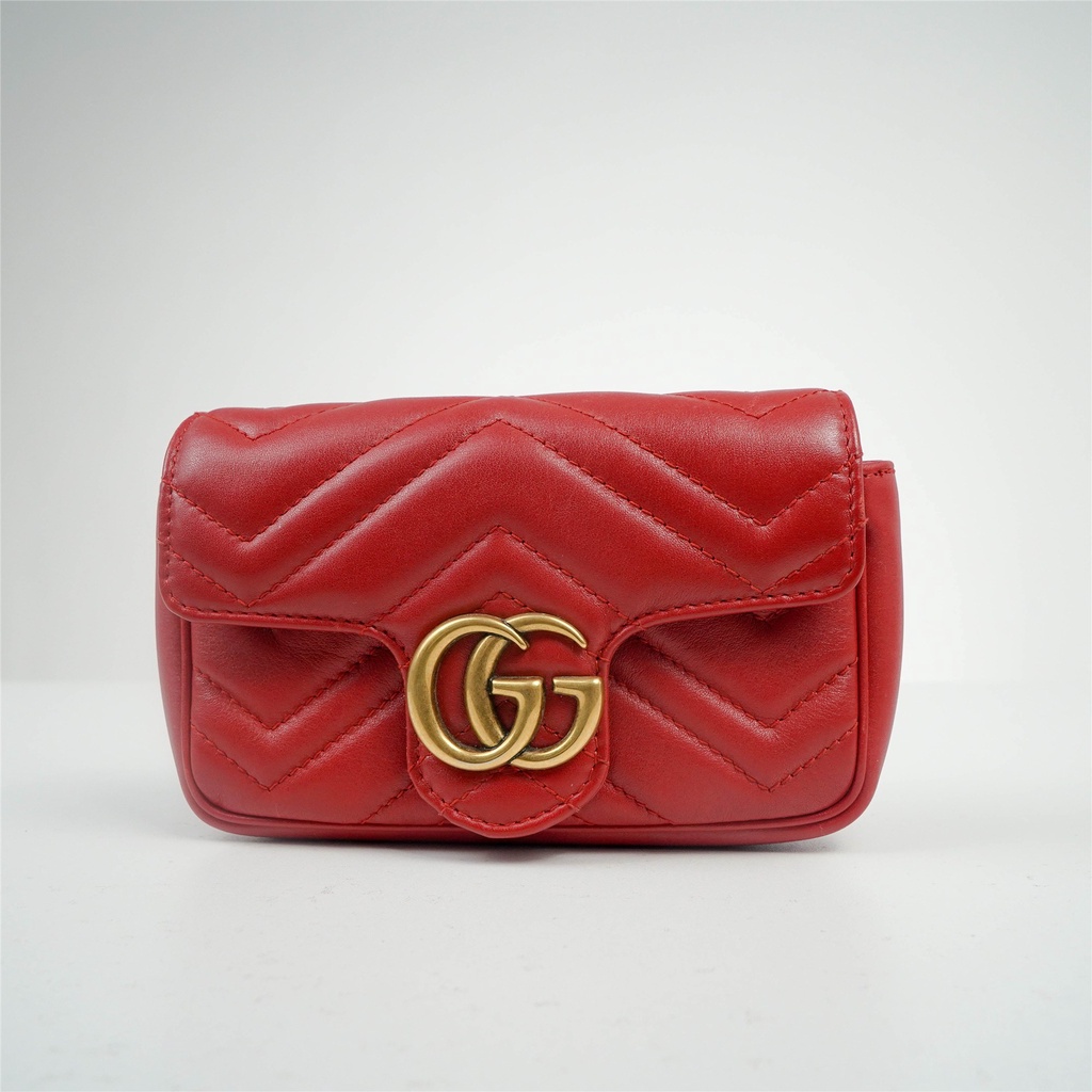 Gucci Mamon mini หนังสีแดง double G กระเป๋าถือไหล่ Messenger chain กระเป๋าสะพายผู้หญิง