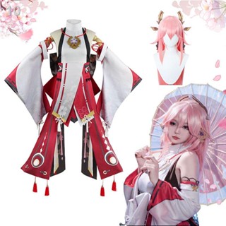 ❤️ ถูกและดี 🔥Genshin Impact Yae Miko Cosplay Costume Guuji Yae Fancy Outfits Full Set Unifrom Dress Wig Headwear Amulet