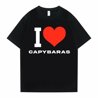 คาปิบาร่า เสื้อยืดแขนสั้น ฉันรัก Capybaras กราฟิกพิมพ์ ผู้ชายผู้หญิงลําลองหลวมเสื้อยืดผู้ชายขนาดใหญ่เสื้อยืดตลกแขนสั้น