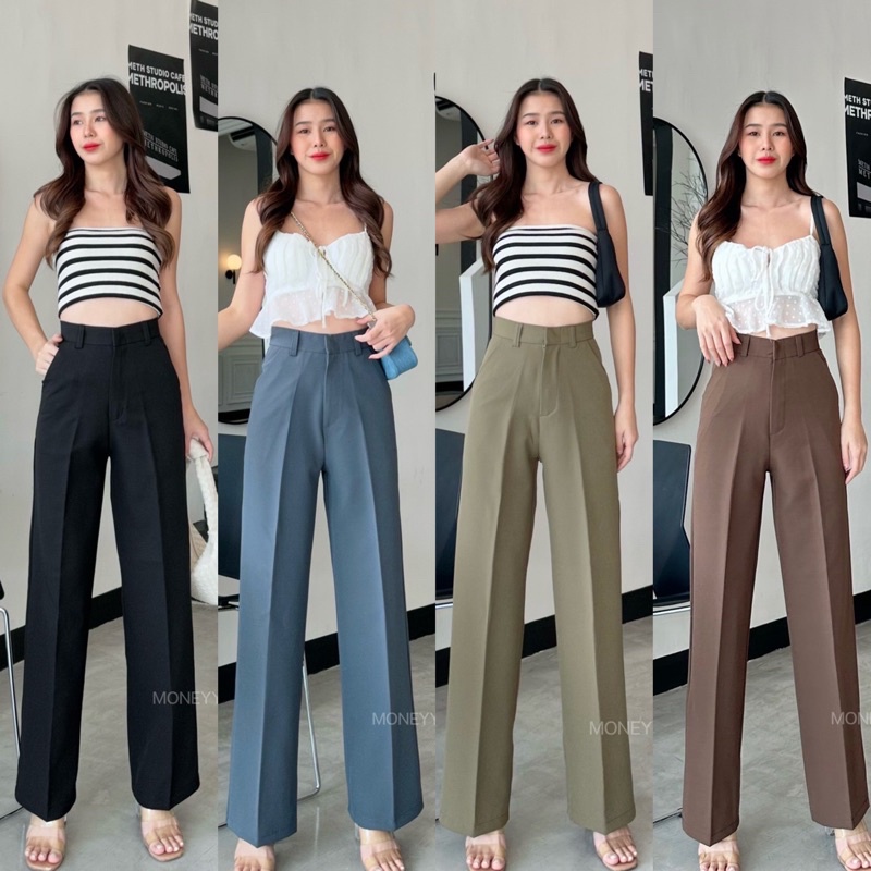 𝐓𝐄𝐑𝐑𝐀  กระบอกตะขอหน้า กางเกงทรงกระบอก กางเกงทรงลุง  เอวสูง