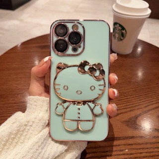 เคสโทรศัพท์มือถือแบบนิ่ม TPU กันกระแทก ลายการ์ตูนเฮลโลคิตตี พร้อมกระจกแต่งหน้า ขาตั้งพับได้ หรูหรา สําหรับ Samsung Galaxy S22 S21 Ultra S22 S21 Plus S21 FE