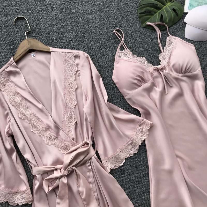 Plus ขนาด S-3XL ผู้หญิง Dressing Gown Night Dress Negligee 2 ชิ้นชุดผ้าไหม Robes ชุดนอนซาตินชุดนอนฤดูร้อน Nightdress ขนาดใหญ่