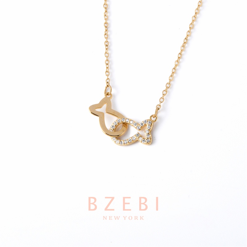 BZEBI สร้อยคอ แฟชั่น โซ่ 2 จี้รูปปลา ประดับเพทาย ขนาดเล็ก เรียบง่าย สไตล์ญี่ปุ่น และเกาหลี สําหรับผู้หญิง 662n