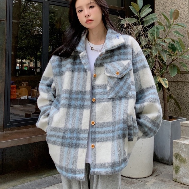 Suxi เสื้อแจ็กเก็ตแขนยาว คอปก ขนาดใหญ่ ปักลาย ลายสก๊อต แฟชั่นฤดูหนาว