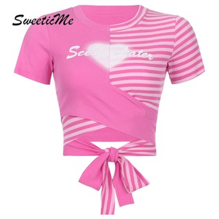 Sweeticme ใหม่ เสื้อยืดลําลอง แขนสั้น คอกลม ผ้าถัก เข้ารูป แฟชั่นสําหรับสตรี 2022