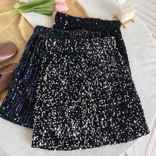 Glitter skirt sequin ชุดมินิเดรสกระโปรง เอวสูง ลายกลิตเตอร์ แวววาว แวววาว สีดํา สําหรับสตรี ปาร์ตี้คริสต์มาส