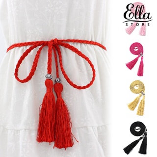 Ellastore123 ผู้หญิงชนเผ่าถักปมพู่เข็มขัดคาดเอวผอมบางเชือกเอว